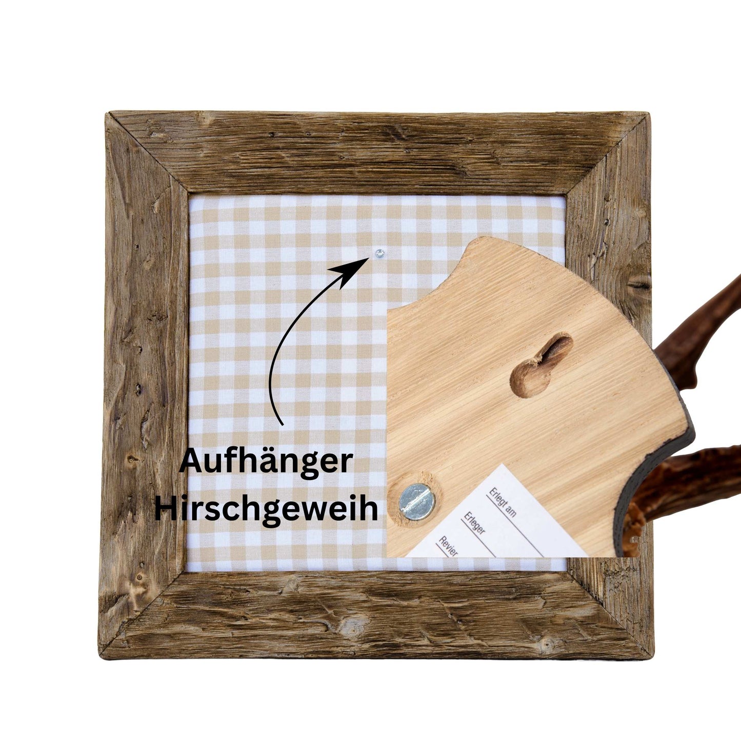Geweihbilder beige - weiß Kariert - Holz dunkel